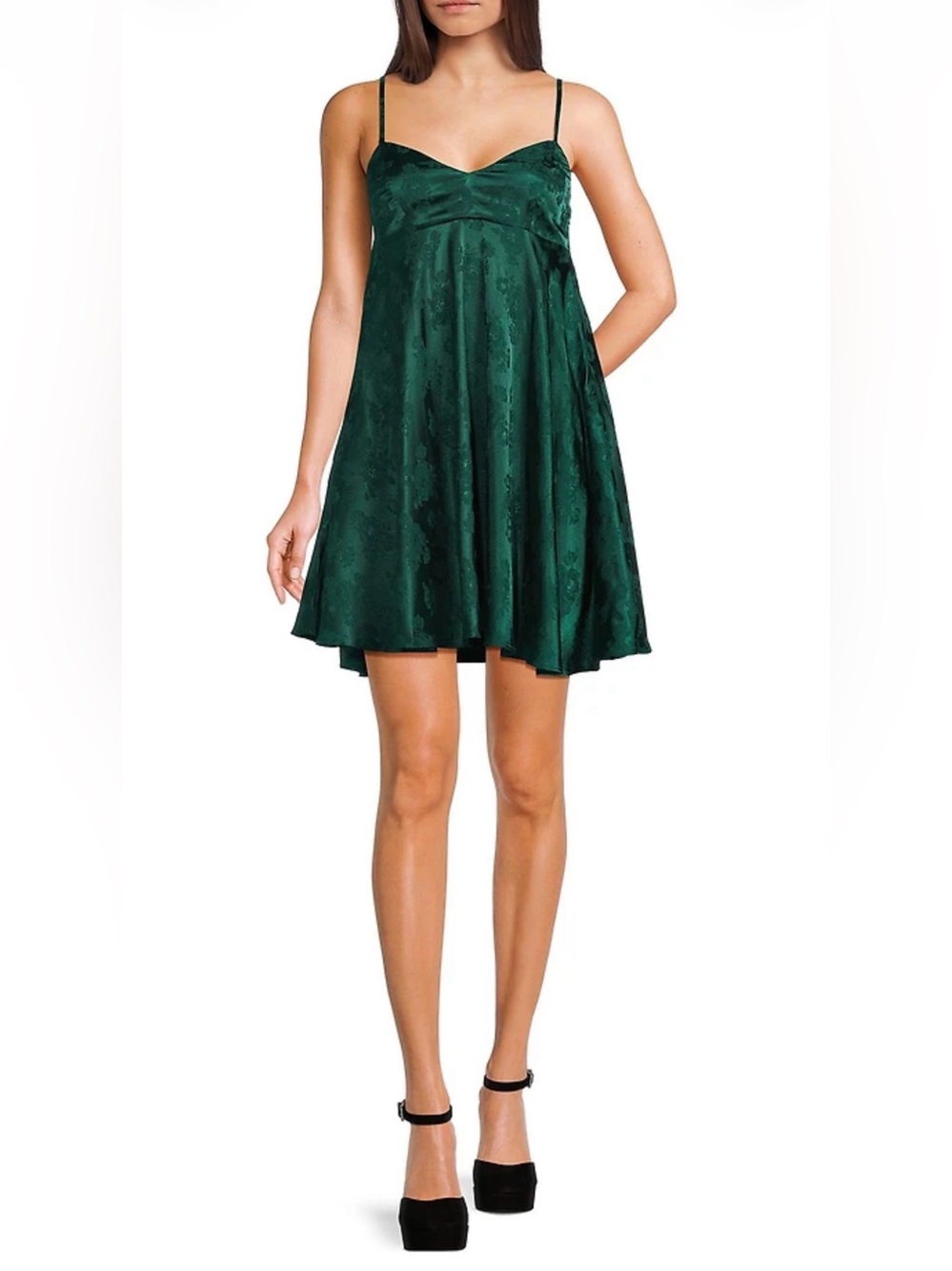 Emerald Green Satin Mini Dress with Spaghetti Straps and Bow Detail— Women